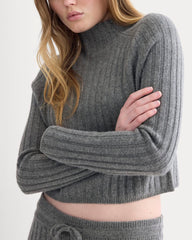 Funnel-Neck Cropped Sweater in Wool Cashmere | Heather Charcoal