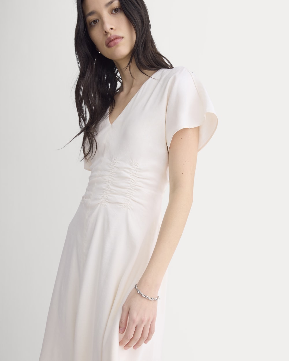 Cinched Dress in Stretch Linen | Bone