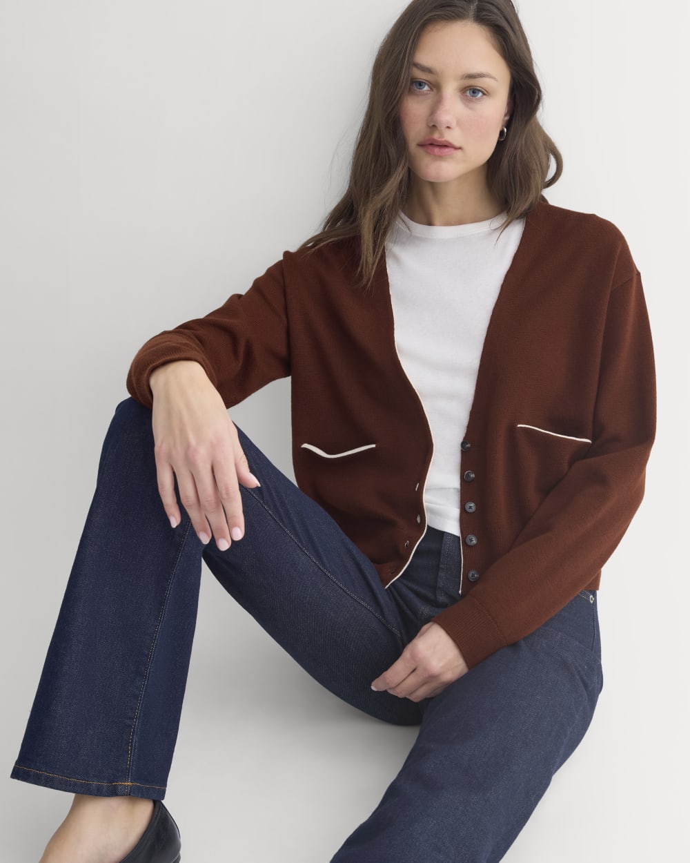 Deep V-Neck Cardigan in Cotton Merino | Whipped Cream