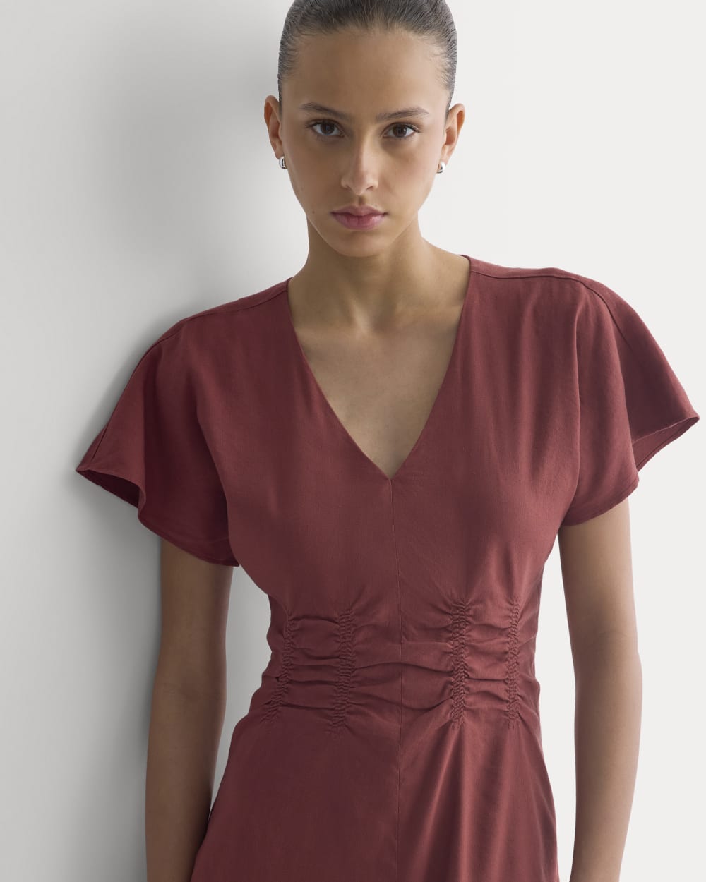 Cinched Dress in Stretch Linen | Henna Red