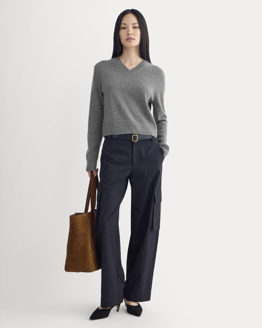 Cashmere Cropped High-V Sweater | Heather Charcoal