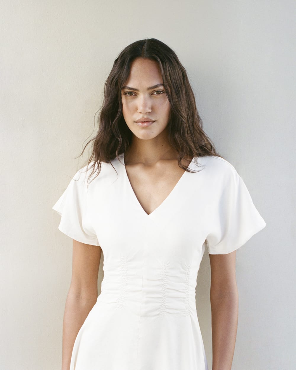 Cinched Dress in Stretch Linen | Bone