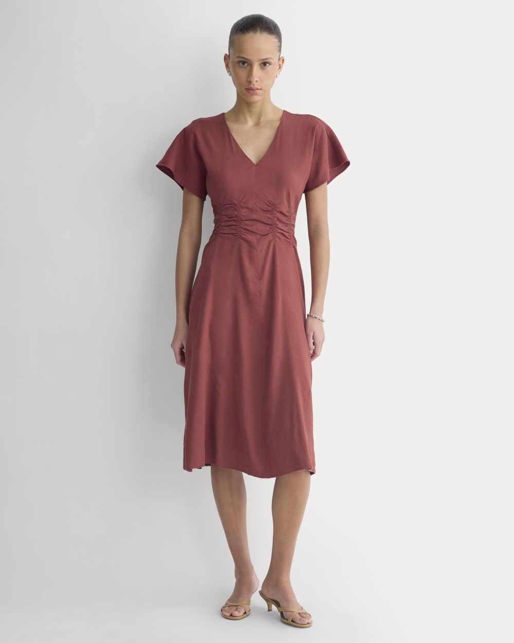 Cinched Dress in Stretch Linen | Henna Red