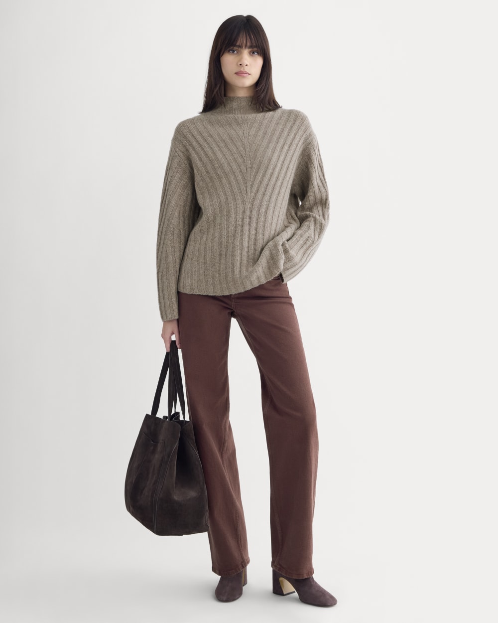 Funnel-Neck Sweater in Wool Cashmere | Light Heathered Taupe